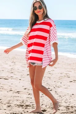 Clearance Dear-Lover Patchwork Round Neck Side Split Loose T Shirt Pink Stripe