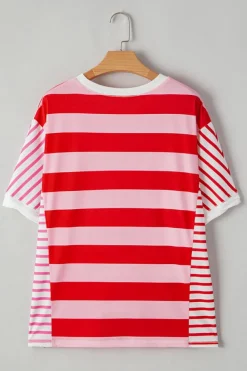 Clearance Dear-Lover Patchwork Round Neck Side Split Loose T Shirt Pink Stripe