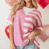 Fashion Dear-Lover Patchwork Textured Short Sleeve High Low Loose Top Pink Stripe