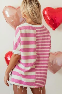 Fashion Dear-Lover Patchwork Textured Short Sleeve High Low Loose Top Pink Stripe