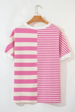 Fashion Dear-Lover Patchwork Textured Short Sleeve High Low Loose Top Pink Stripe
