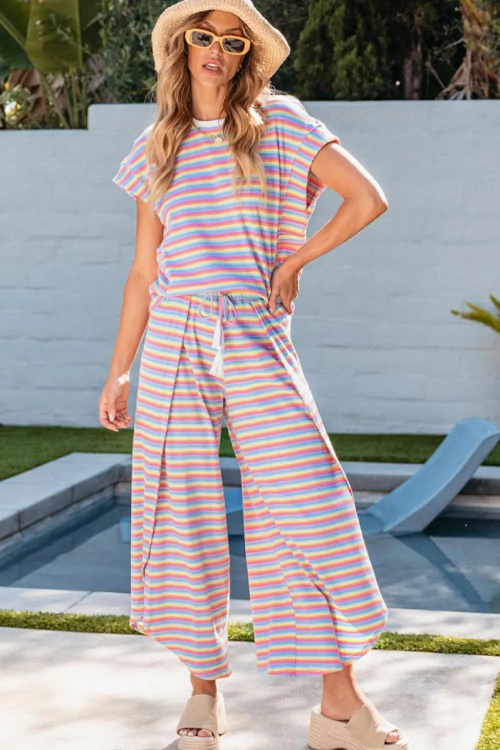 Online Dear-Lover Rainbow Tee Tasseled String Wide Leg Pants Set Pink Stripe