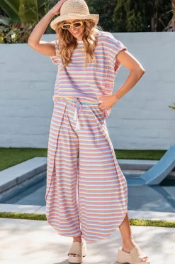 Online Dear-Lover Rainbow Tee Tasseled String Wide Leg Pants Set Pink Stripe