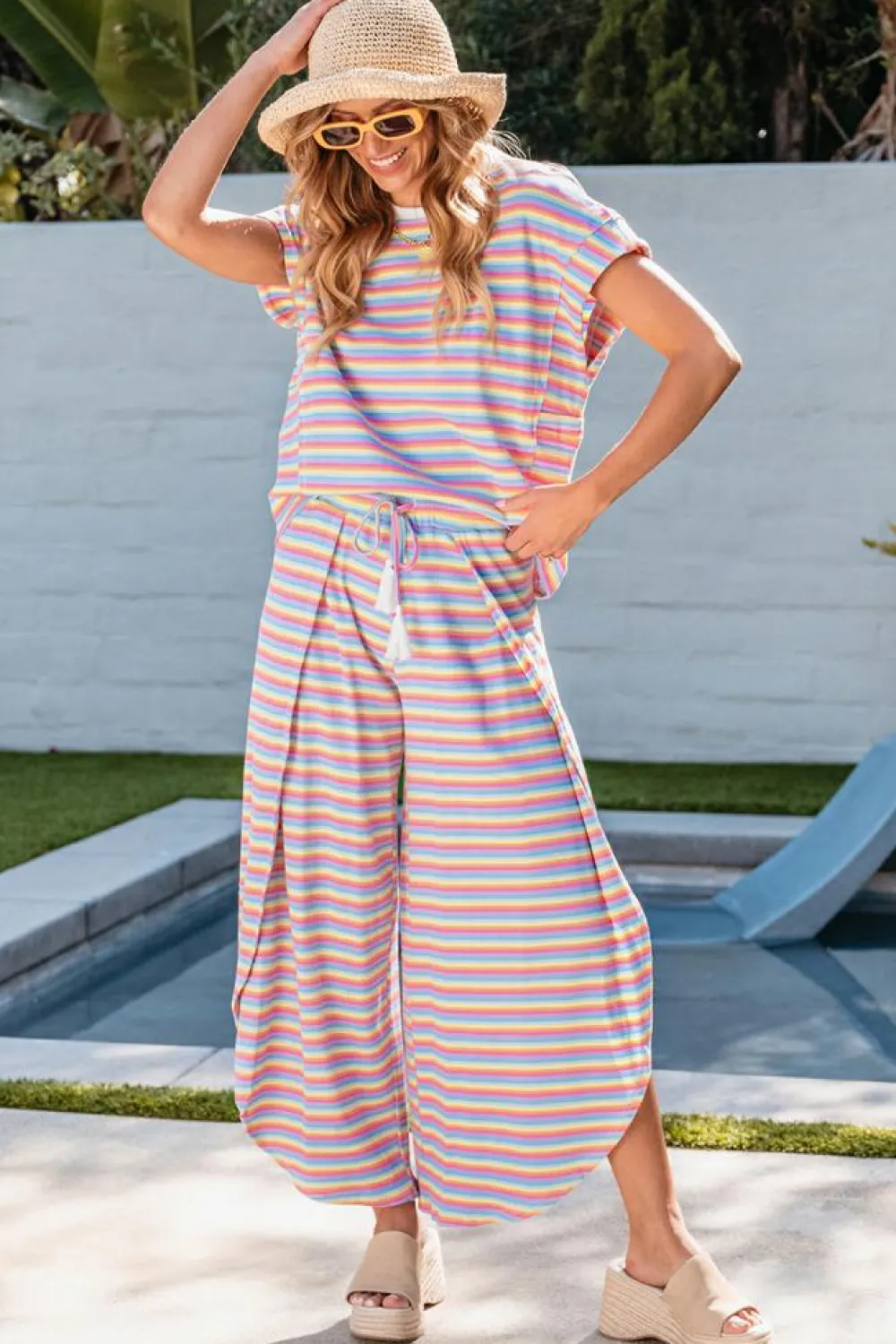 Online Dear-Lover Rainbow Tee Tasseled String Wide Leg Pants Set Pink Stripe