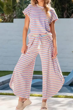 Online Dear-Lover Rainbow Tee Tasseled String Wide Leg Pants Set Pink Stripe