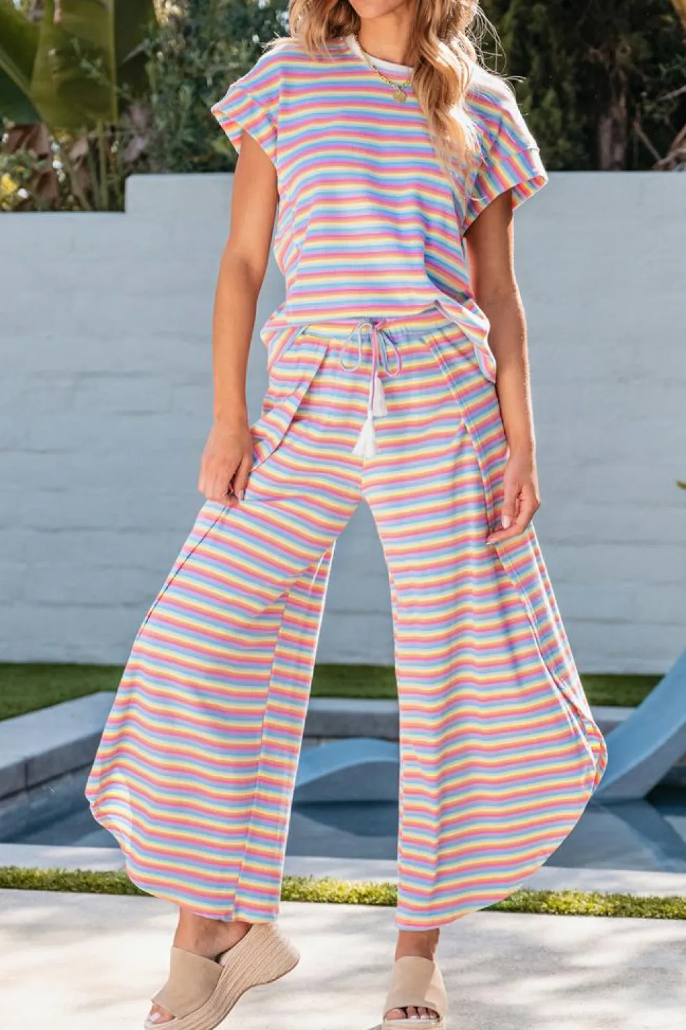 Online Dear-Lover Rainbow Tee Tasseled String Wide Leg Pants Set Pink Stripe