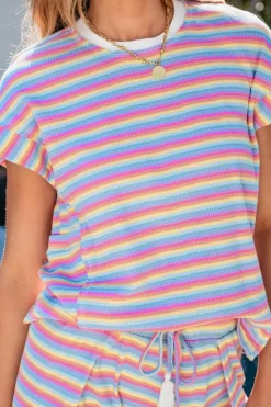 Online Dear-Lover Rainbow Tee Tasseled String Wide Leg Pants Set Pink Stripe