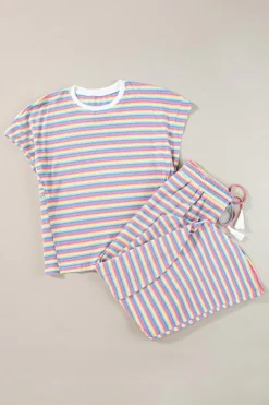 Online Dear-Lover Rainbow Tee Tasseled String Wide Leg Pants Set Pink Stripe