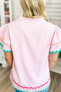 Hot Dear-Lover Ricrac Trim Split Neck Striped Ruffled Sleeve Blouse Pink Stripe