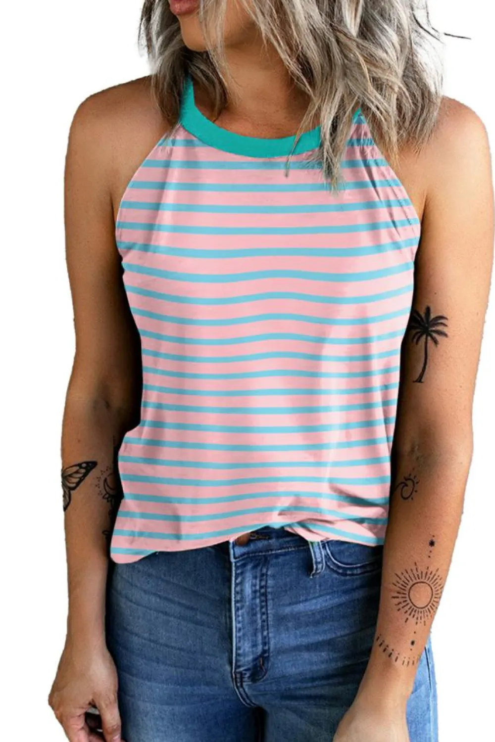 Best Dear-Lover Round Neck Tank Top Pink Stripe
