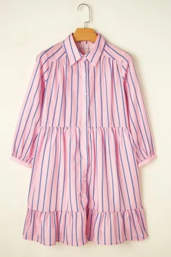 Fashion Dear-Lover Ruffled Hem Button-up Collared Shirt Mini Dress Pink Stripe
