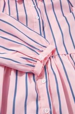 Fashion Dear-Lover Ruffled Hem Button-up Collared Shirt Mini Dress Pink Stripe