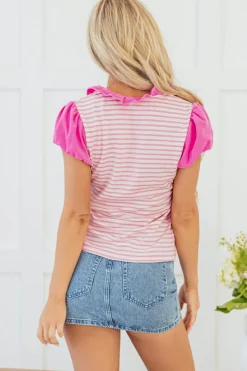 Clearance Dear-Lover Ruffled V Neck Cap Puff Sleeve Top Pink Stripe