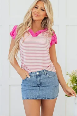Clearance Dear-Lover Ruffled V Neck Cap Puff Sleeve Top Pink Stripe