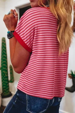 Online Dear-Lover Sequin Crawfish Crewneck T Shirt Pink Stripe