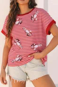 Online Dear-Lover Sequin Crawfish Crewneck T Shirt Pink Stripe