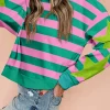 Clearance Dear-Lover Star Patchwork Round Neck Pullover Sweatshirt Pink Stripe