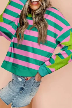 Clearance Dear-Lover Star Patchwork Round Neck Pullover Sweatshirt Pink Stripe