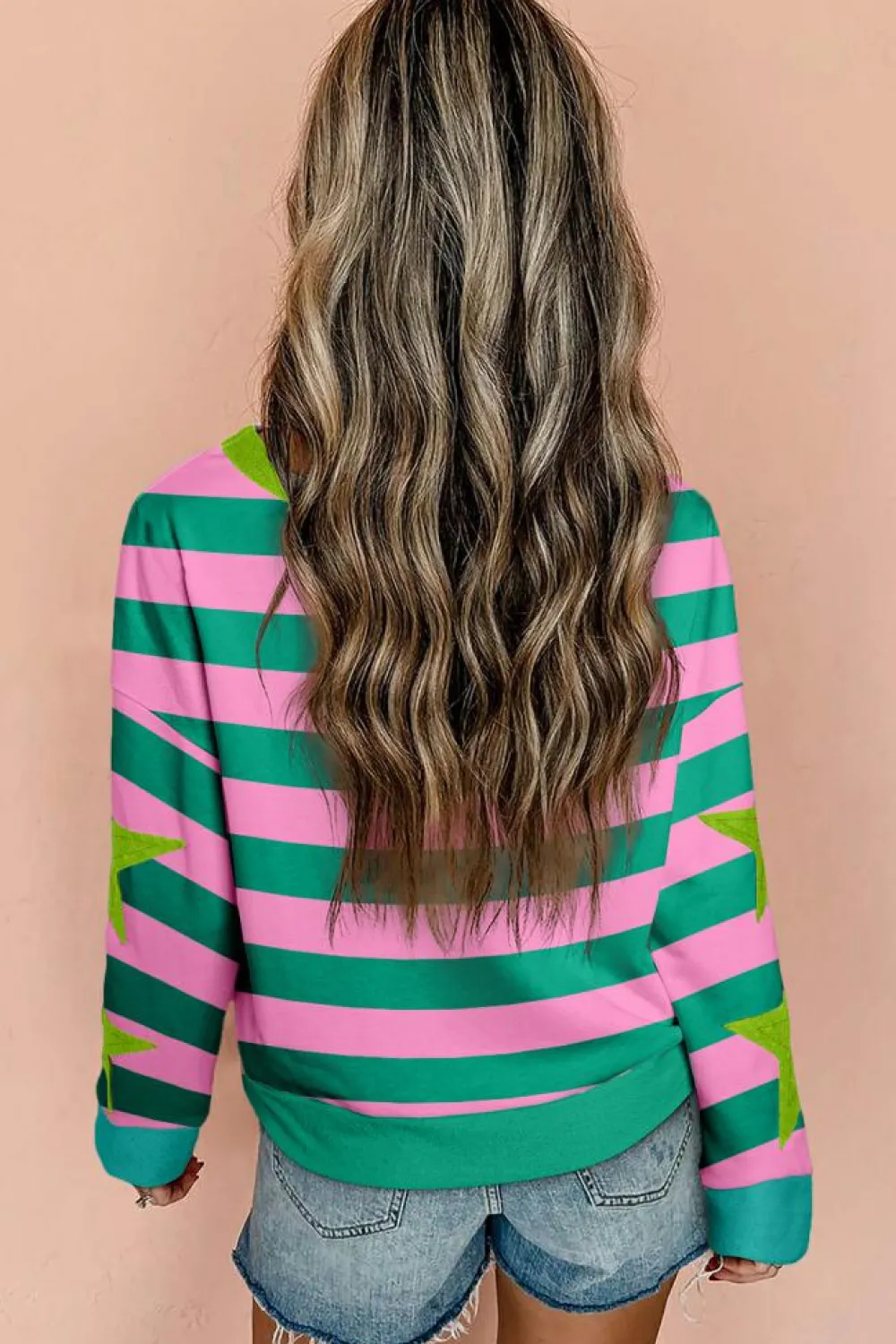 Clearance Dear-Lover Star Patchwork Round Neck Pullover Sweatshirt Pink Stripe