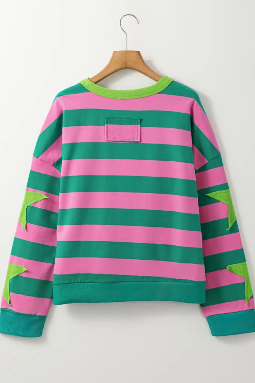Clearance Dear-Lover Star Patchwork Round Neck Pullover Sweatshirt Pink Stripe