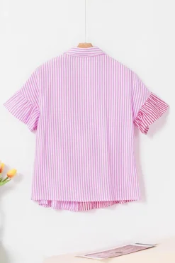 Best Dear-Lover Striped Patchwork Ruffled Hem Button up Shirt Pink Stripe