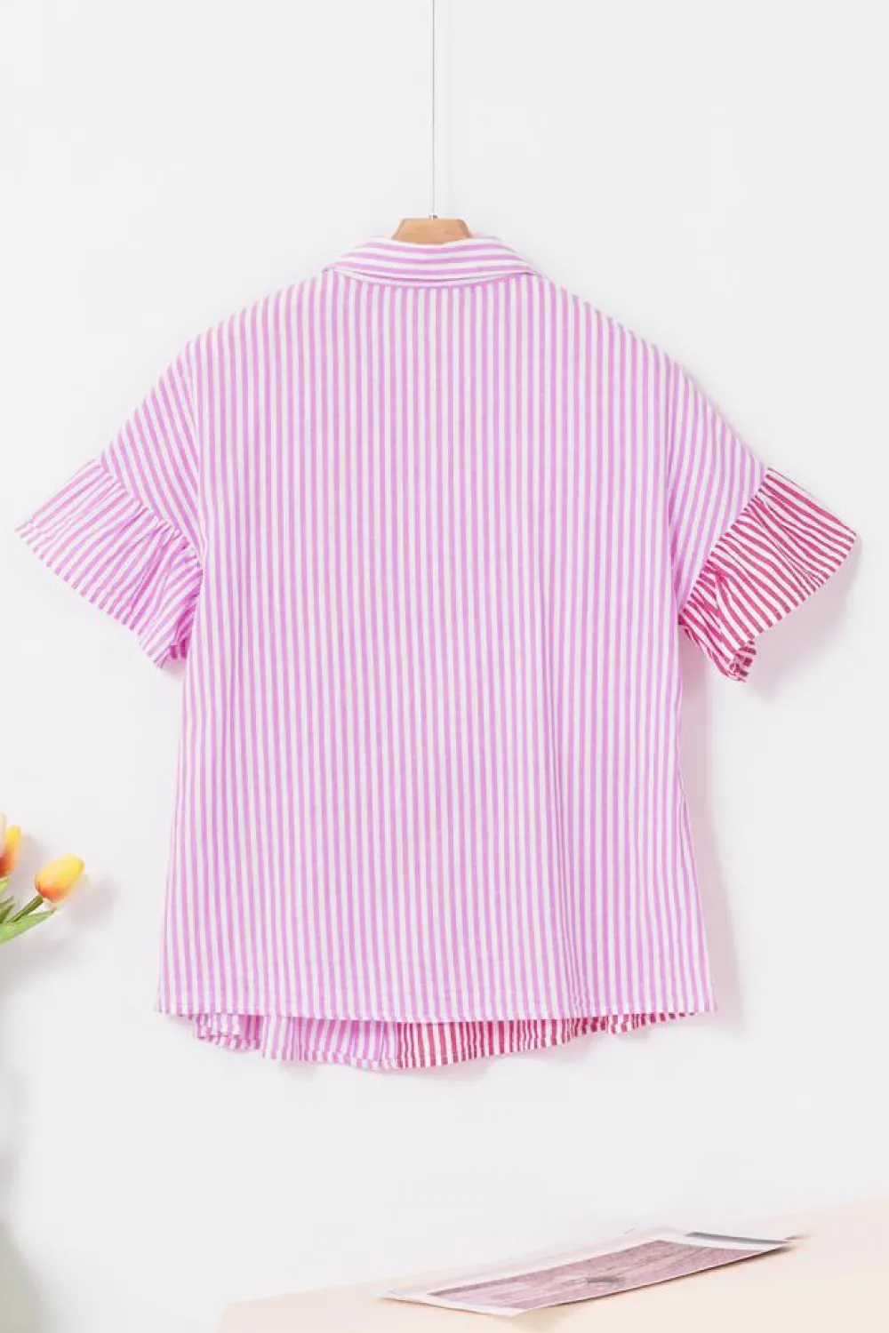 Best Dear-Lover Striped Patchwork Ruffled Hem Button up Shirt Pink Stripe