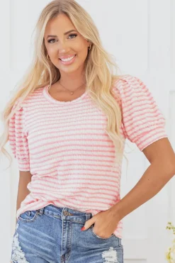 Sale Dear-Lover Textured Puff Sleeve Crewneck Top Pink Stripe