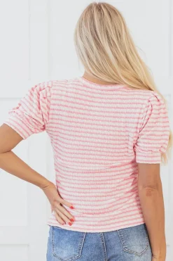 Sale Dear-Lover Textured Puff Sleeve Crewneck Top Pink Stripe