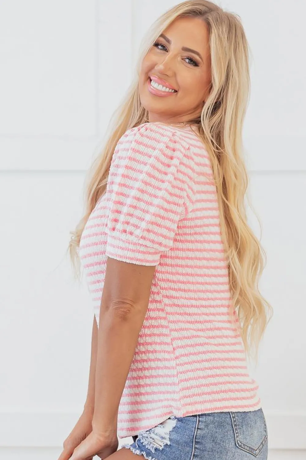 Sale Dear-Lover Textured Puff Sleeve Crewneck Top Pink Stripe