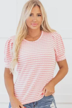 Sale Dear-Lover Textured Puff Sleeve Crewneck Top Pink Stripe