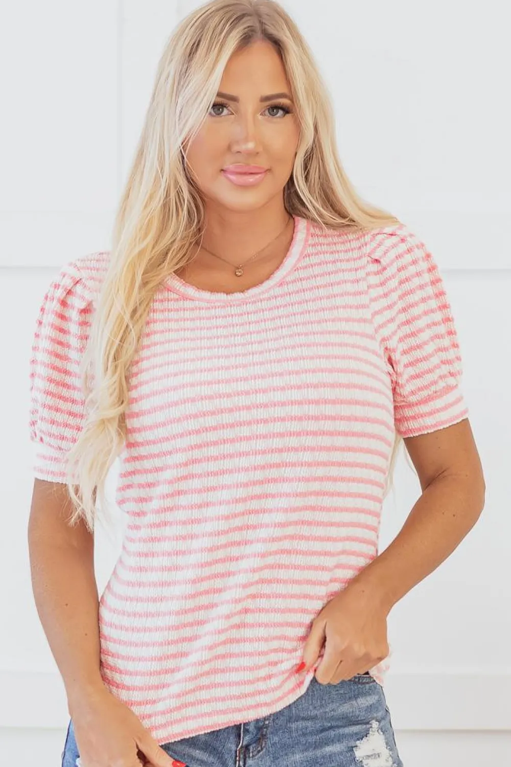 Sale Dear-Lover Textured Puff Sleeve Crewneck Top Pink Stripe