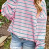 Best Dear-Lover Trimmed Round Neck Drop Shoulder Loose Sweater Pink Stripe