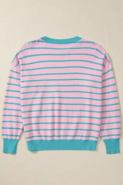 Best Dear-Lover Trimmed Round Neck Drop Shoulder Loose Sweater Pink Stripe