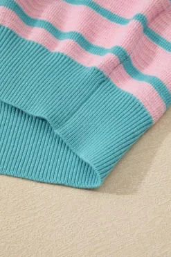 Best Dear-Lover Trimmed Round Neck Drop Shoulder Loose Sweater Pink Stripe