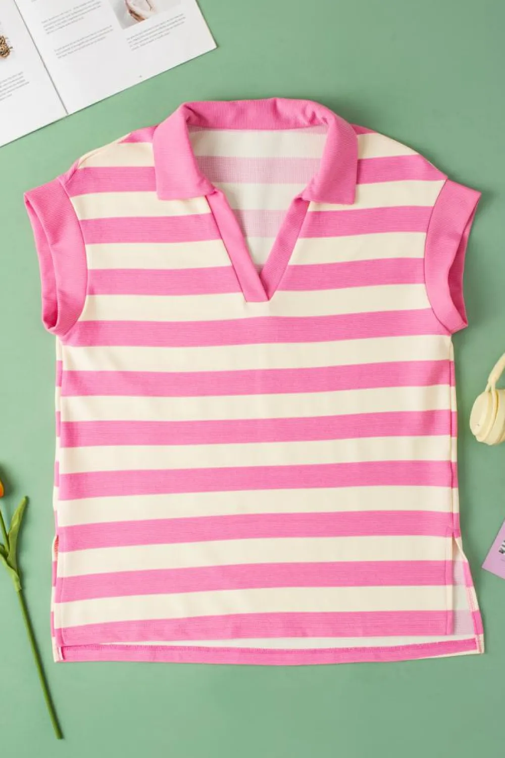 Best Dear-Lover V Neck Collared Cap Sleeve Top Pink Stripe