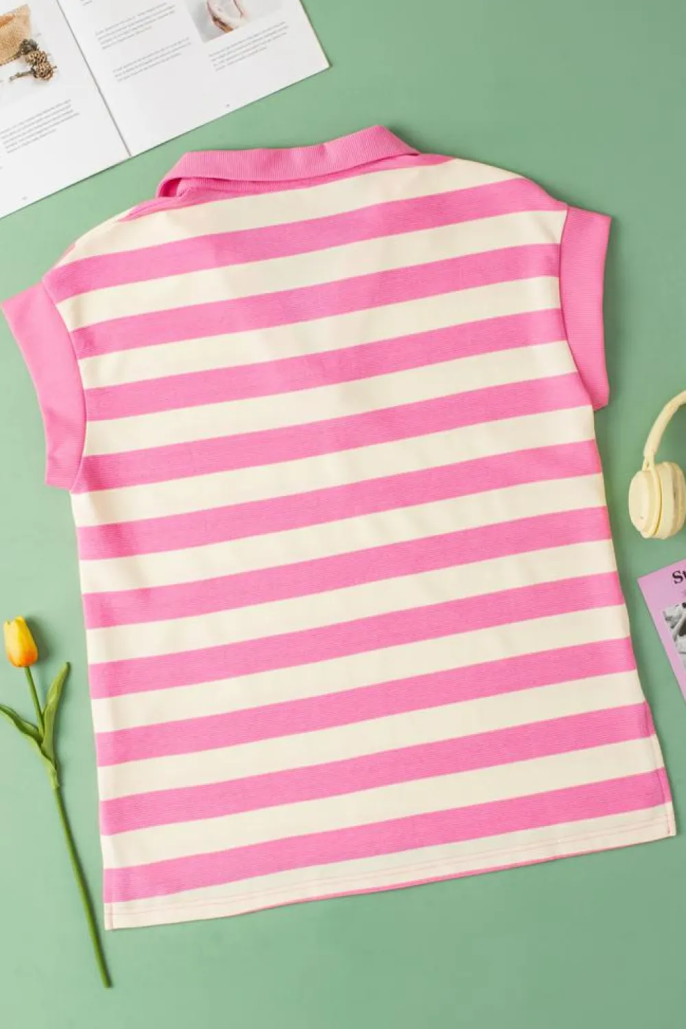 Best Dear-Lover V Neck Collared Cap Sleeve Top Pink Stripe