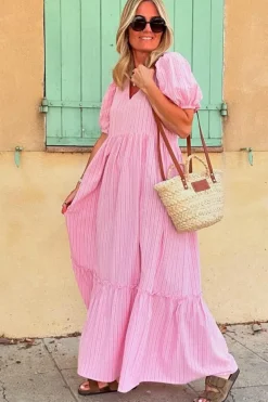 Online Dear-Lover V Neck Puff Short Sleeve Maxi Dress Pink Stripe