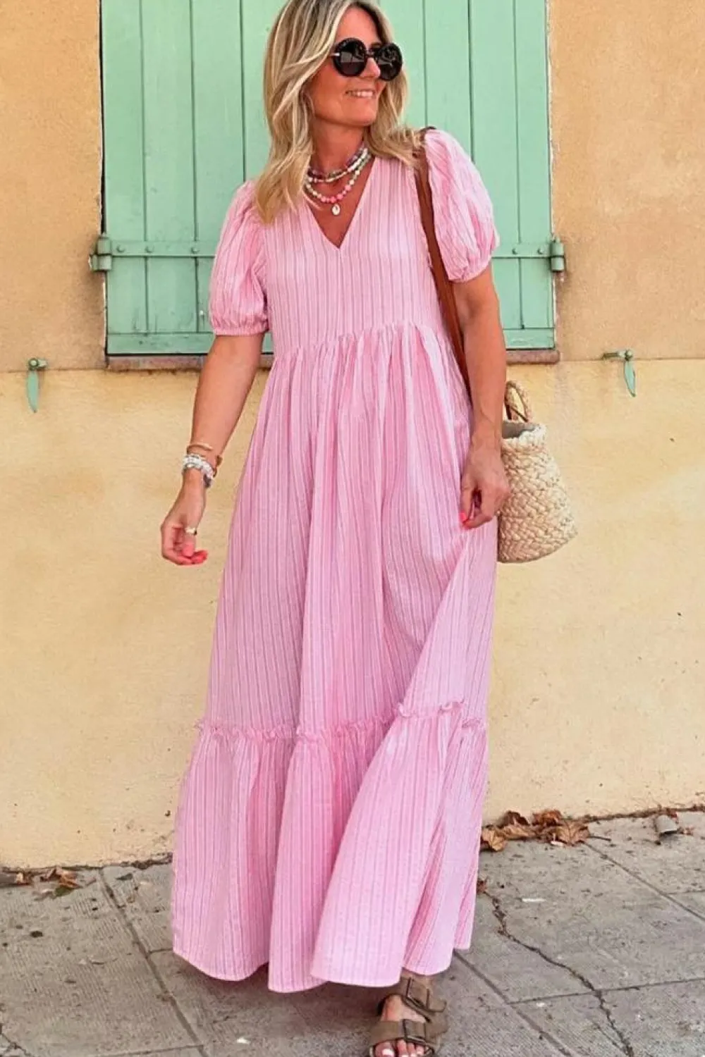 Online Dear-Lover V Neck Puff Short Sleeve Maxi Dress Pink Stripe