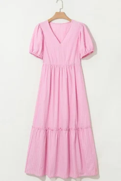 Online Dear-Lover V Neck Puff Short Sleeve Maxi Dress Pink Stripe