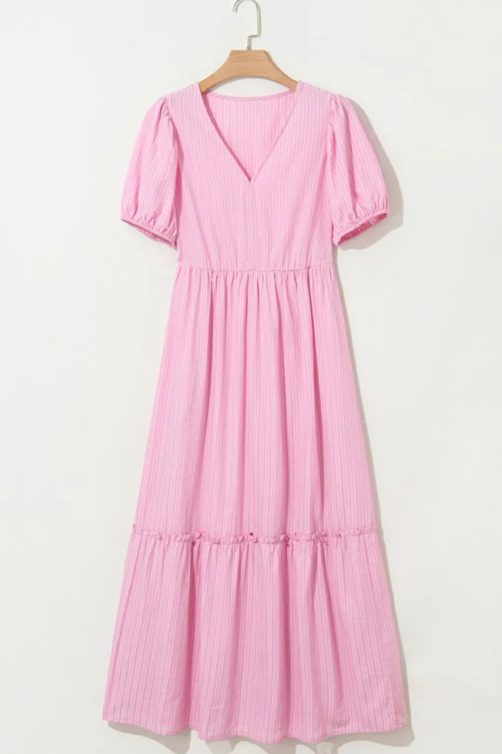 Online Dear-Lover V Neck Puff Short Sleeve Maxi Dress Pink Stripe