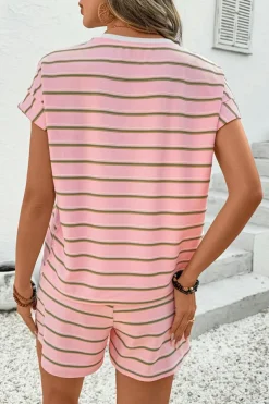 Online Dear-Lover Wide Short Sleeve Tee and Short Set Pink Stripe