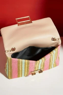 Fashion Dear-Lover Stripe Woven Flap Chain Strap Shoulder Bag Pink