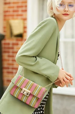 Fashion Dear-Lover Stripe Woven Flap Chain Strap Shoulder Bag Pink