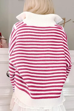 Clearance Dear-Lover Zip up Collar Drop Shoulder Sweater Pink Stripe