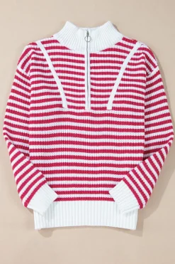 Clearance Dear-Lover Zip up Collar Drop Shoulder Sweater Pink Stripe