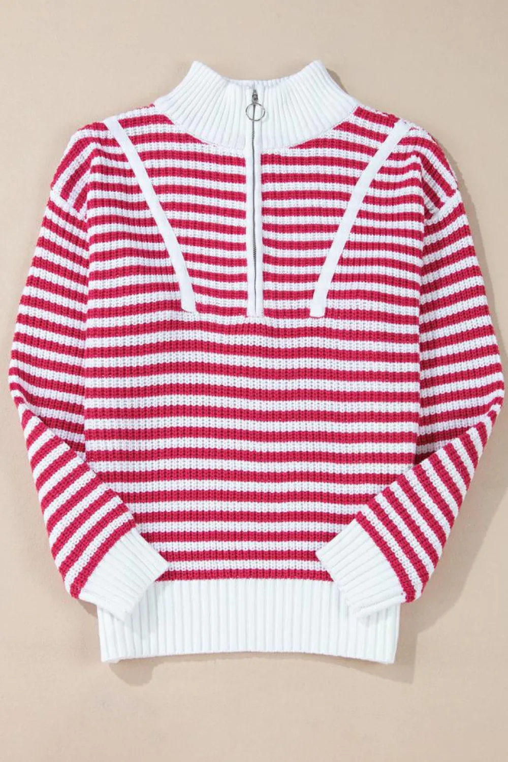 Clearance Dear-Lover Zip up Collar Drop Shoulder Sweater Pink Stripe