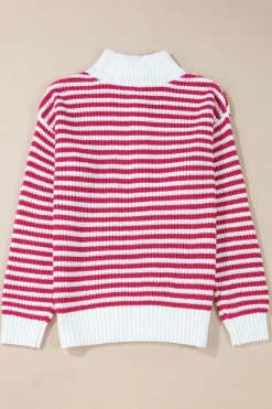 Clearance Dear-Lover Zip up Collar Drop Shoulder Sweater Pink Stripe