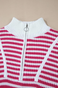 Clearance Dear-Lover Zip up Collar Drop Shoulder Sweater Pink Stripe