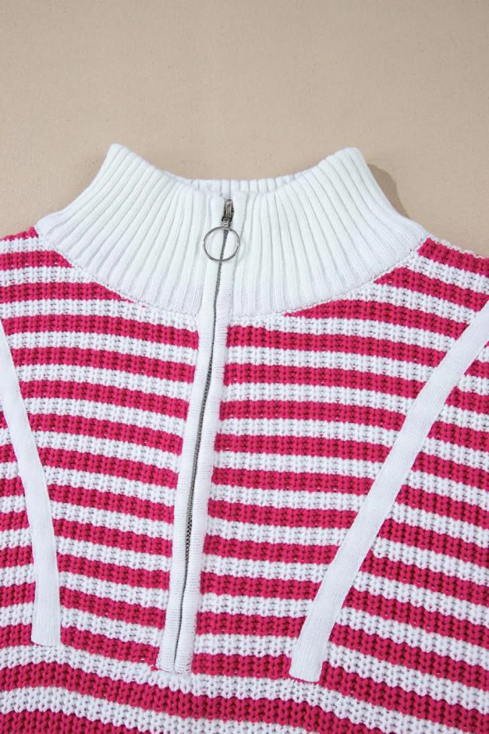 Clearance Dear-Lover Zip up Collar Drop Shoulder Sweater Pink Stripe