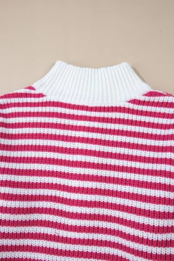 Clearance Dear-Lover Zip up Collar Drop Shoulder Sweater Pink Stripe